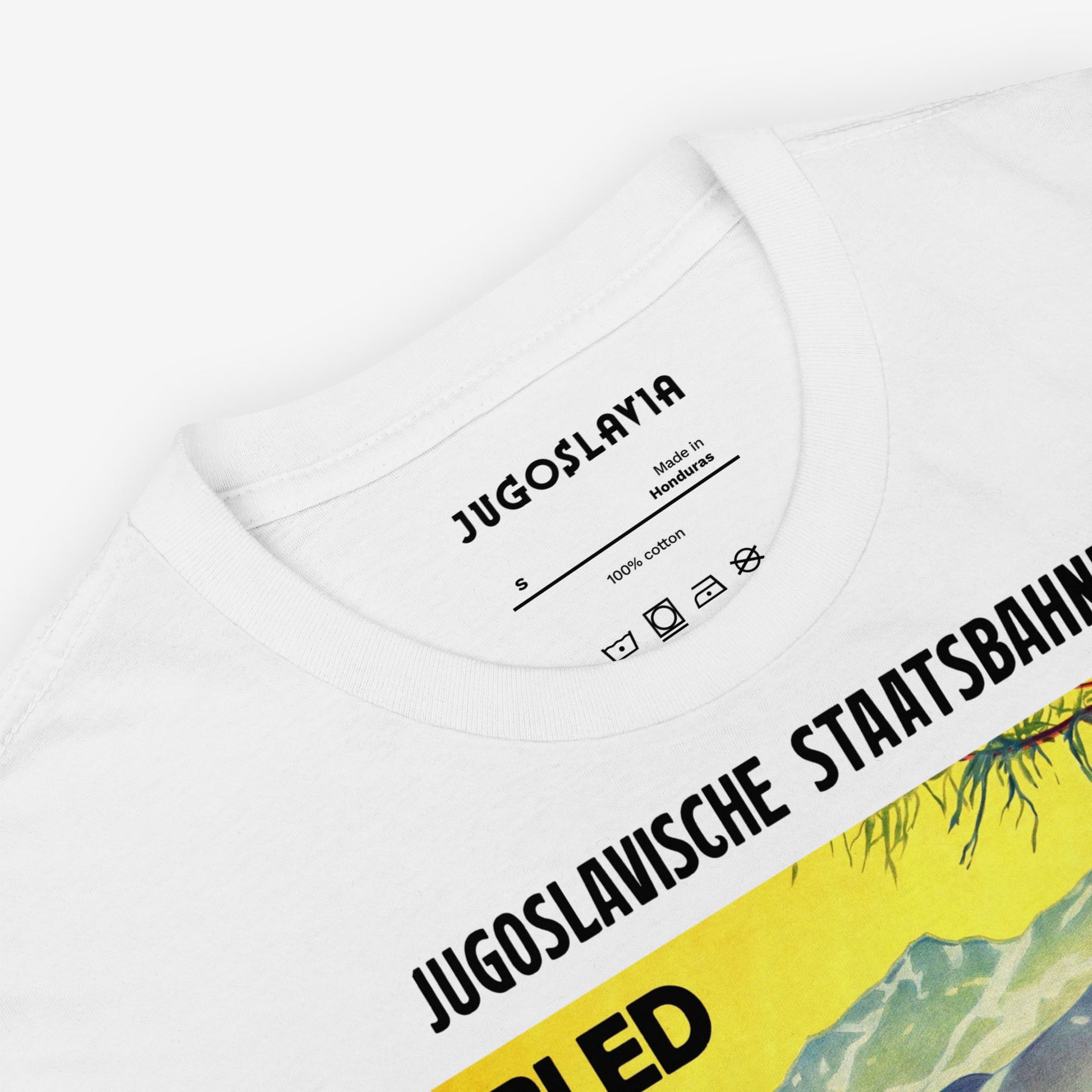 Unisex T-shirt with Lake Bled Yugoslavia Putnik Beograd vintage travel artwork in high resolution