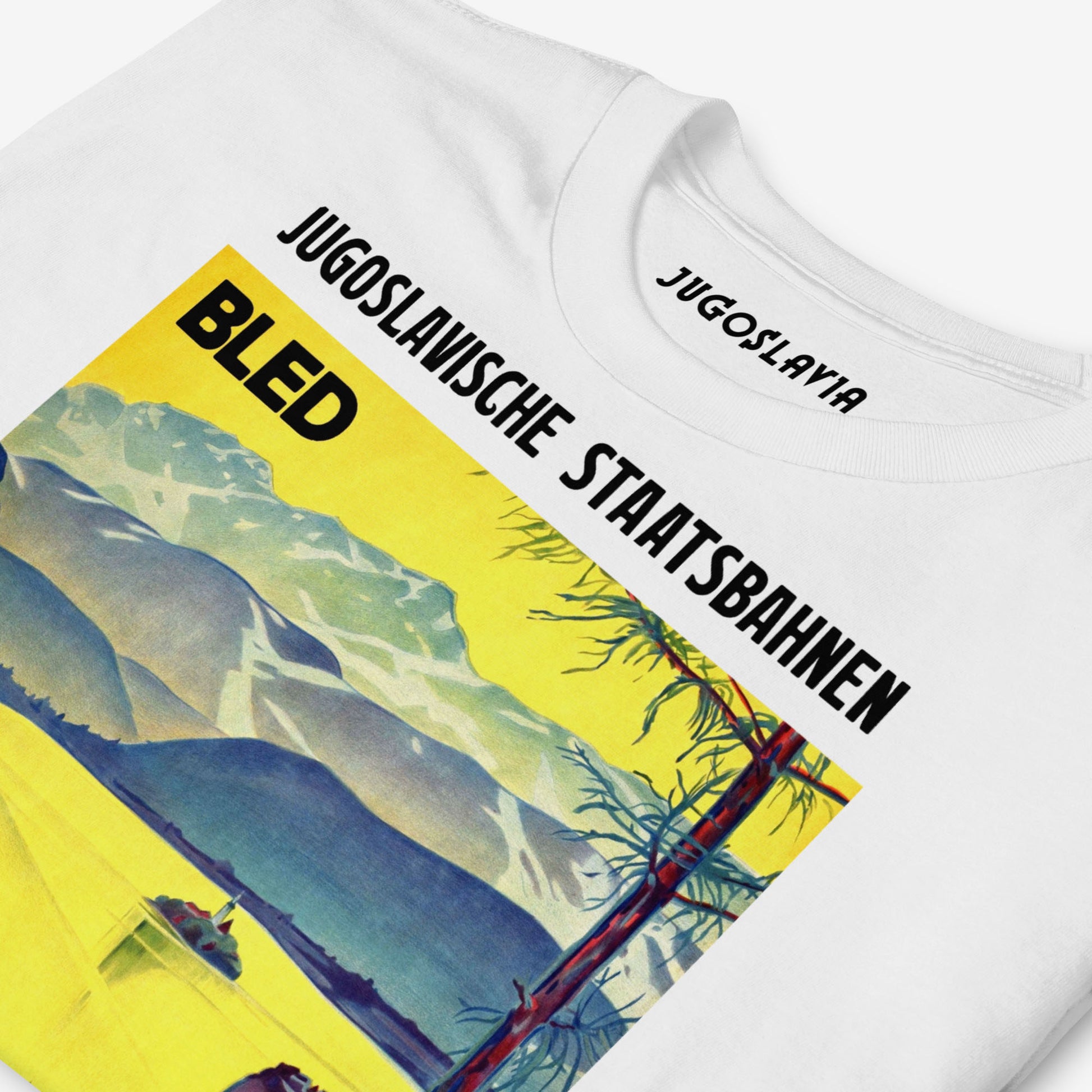 Unisex T-shirt with Lake Bled Yugoslavia Putnik Beograd vintage travel artwork in high resolution