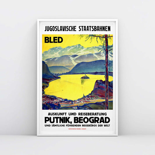 Vintage Lake Bled Yugoslavia travel poster with Putnik Beograd text, high-resolution archival print
