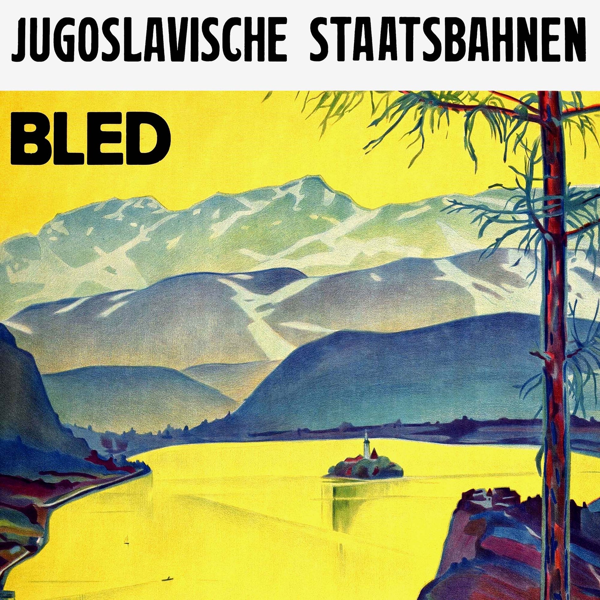 Vintage Lake Bled Yugoslavia travel poster with Putnik Beograd text, high-resolution archival print
