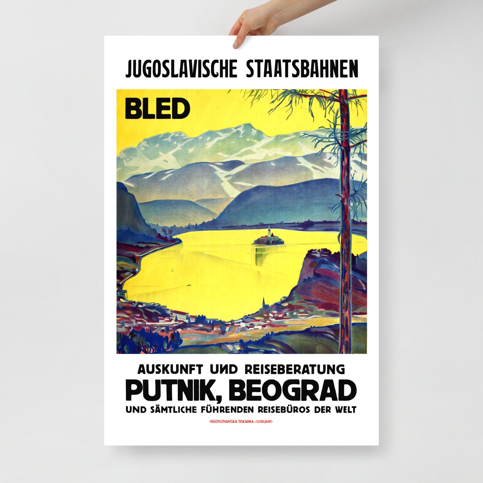 Vintage Lake Bled Yugoslavia travel poster with Putnik Beograd text, high-resolution archival print