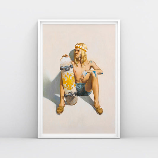 Large poster of topless young skater boy in short shorts sitting with bloodied knees and skateboard showing Russian Imperial eagle symbol