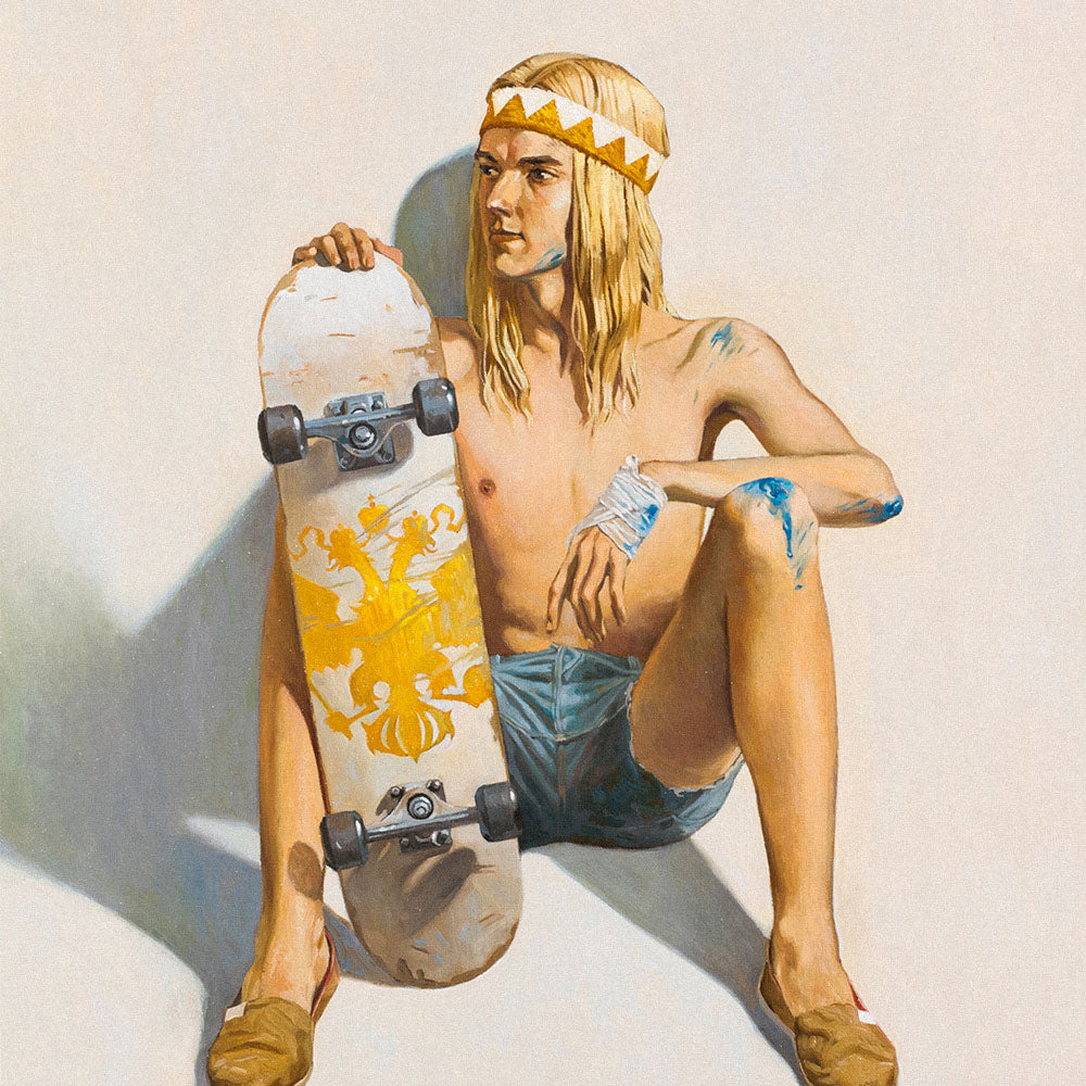 Large poster of topless young skater boy in short shorts sitting with bloodied knees and skateboard showing Russian Imperial eagle symbol