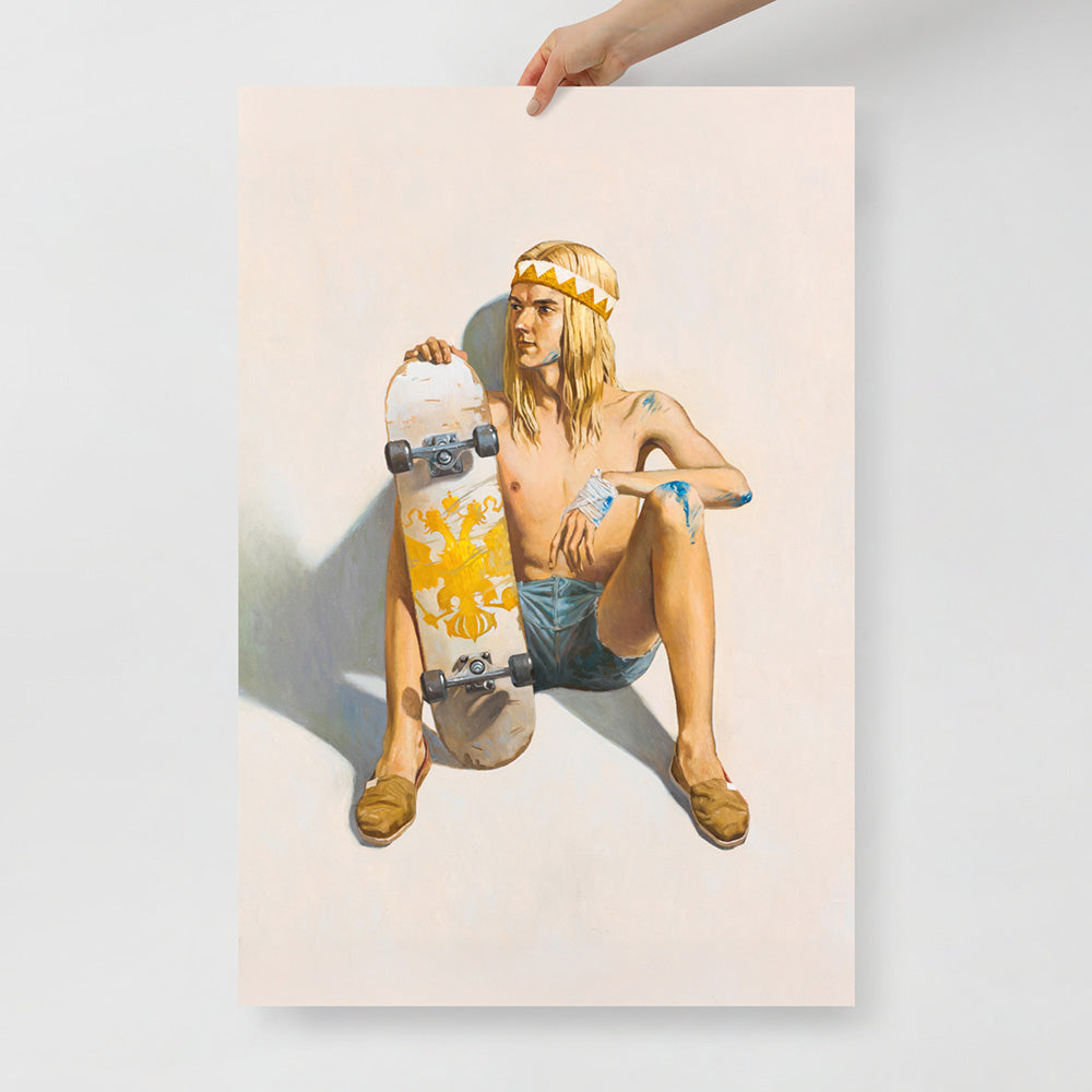 Large poster of topless young skater boy in short shorts sitting with bloodied knees and skateboard showing Russian Imperial eagle symbol