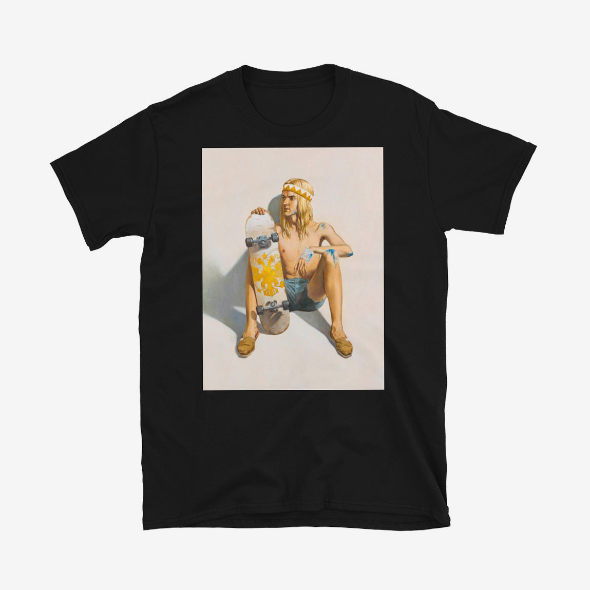 Unisex T-shirt with artwork of topless young skater boy with bloodied knees, short shorts, and skateboard with Russian Imperial eagle