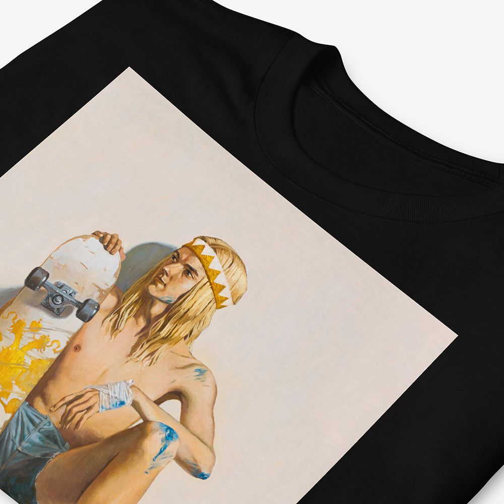 Unisex T-shirt with artwork of topless young skater boy with bloodied knees, short shorts, and skateboard with Russian Imperial eagle
