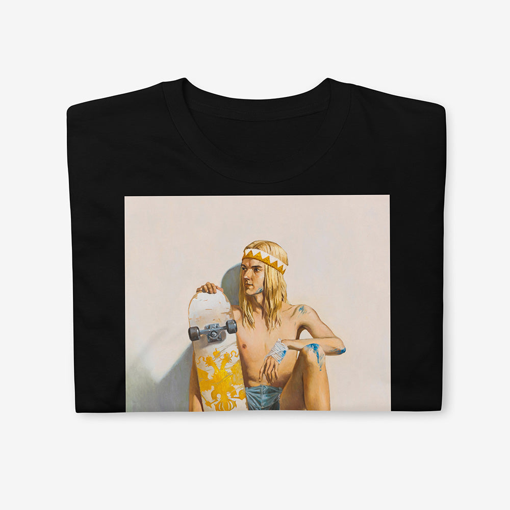 Unisex T-shirt with artwork of topless young skater boy with bloodied knees, short shorts, and skateboard with Russian Imperial eagle