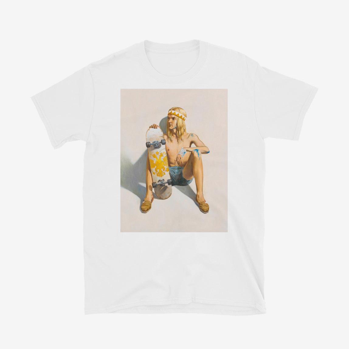 Unisex T-shirt with artwork of topless young skater boy with bloodied knees, short shorts, and skateboard with Russian Imperial eagle