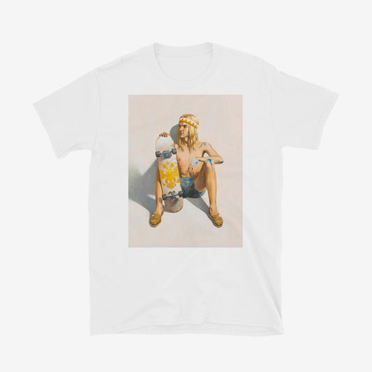 Unisex T-shirt with artwork of topless young skater boy with bloodied knees, short shorts, and skateboard with Russian Imperial eagle