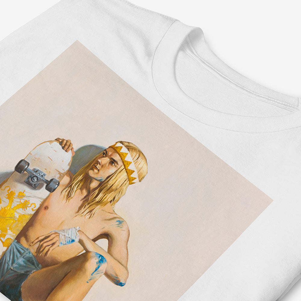 Unisex T-shirt with artwork of topless young skater boy with bloodied knees, short shorts, and skateboard with Russian Imperial eagle