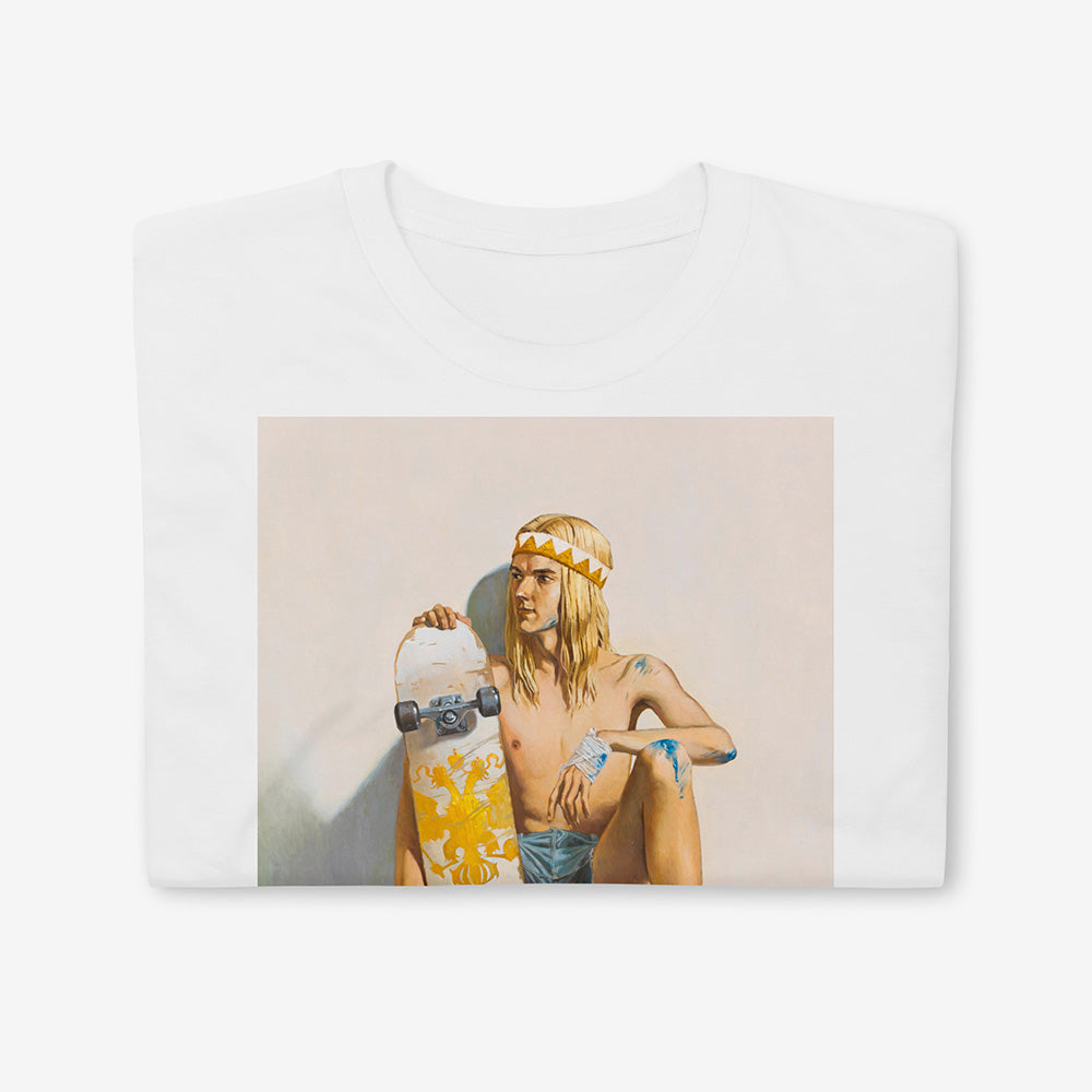 Unisex T-shirt with artwork of topless young skater boy with bloodied knees, short shorts, and skateboard with Russian Imperial eagle