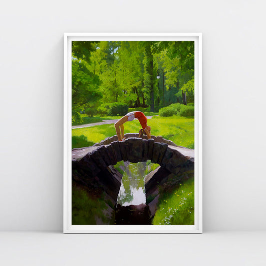 Poster of sporty Soviet girl in Moscow 1980 Olympics outfit doing bridge pose on park bridge – retro USSR-style art