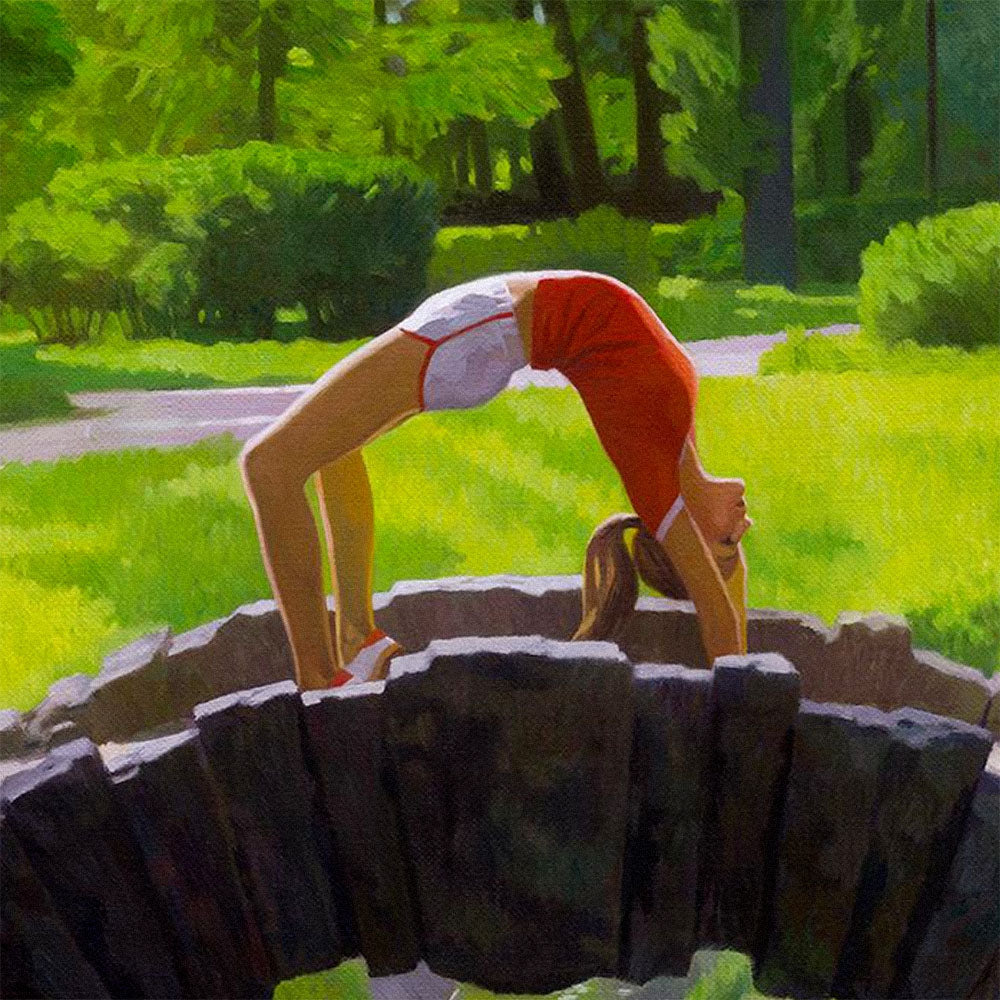 Poster of sporty Soviet girl in Moscow 1980 Olympics outfit doing bridge pose on park bridge – retro USSR-style art