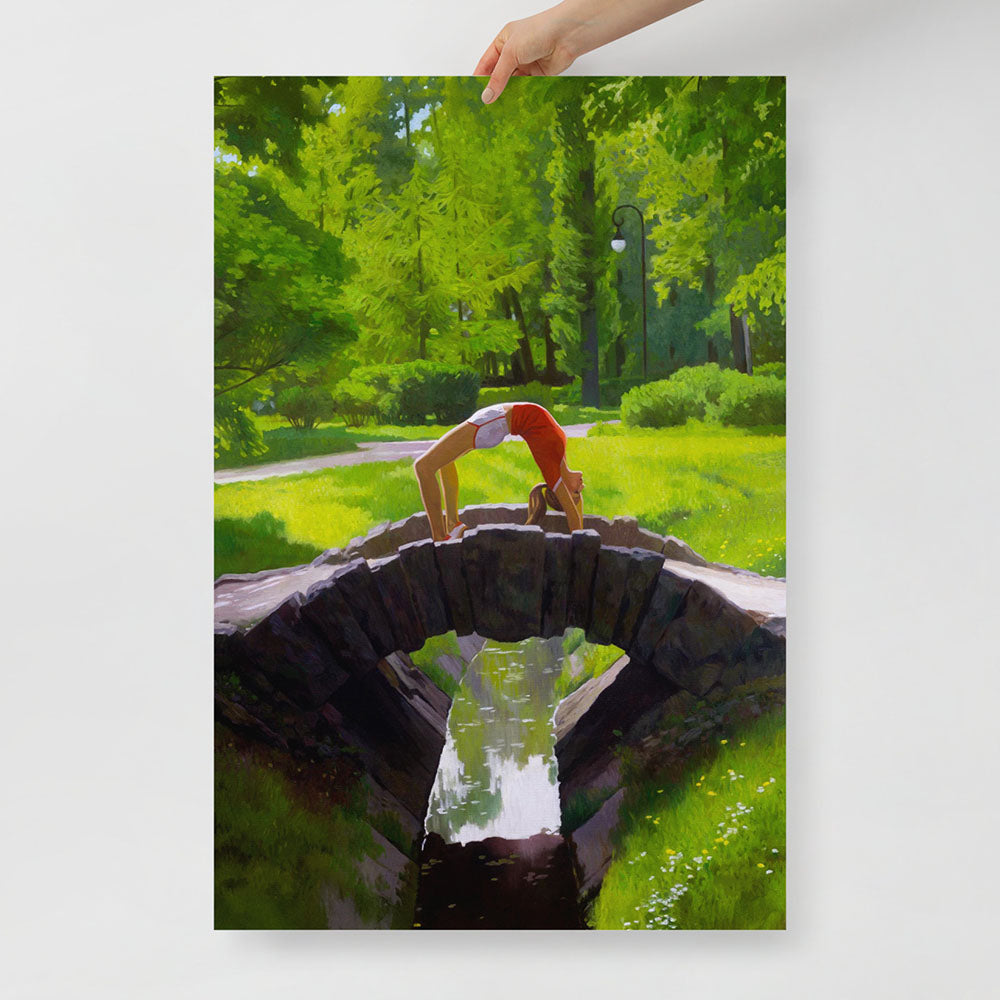 Poster of sporty Soviet girl in Moscow 1980 Olympics outfit doing bridge pose on park bridge – retro USSR-style art