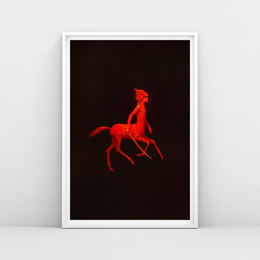 Large poster with red centaur boy in budenovka holding a sword, minimalist surreal Soviet-style painting on black background