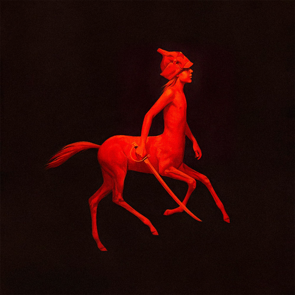Large poster with red centaur boy in budenovka holding a sword, minimalist surreal Soviet-style painting on black background