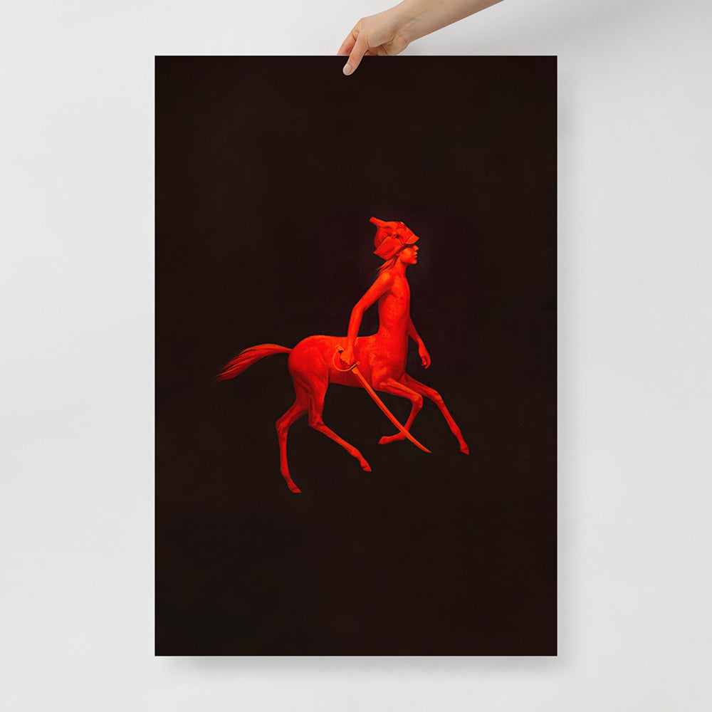 Large poster with red centaur boy in budenovka holding a sword, minimalist surreal Soviet-style painting on black background
