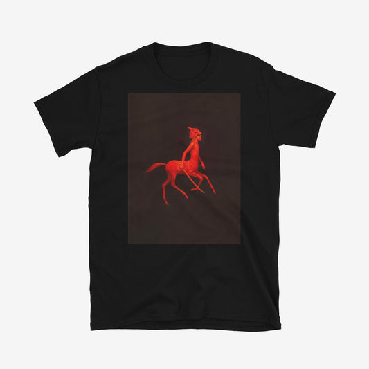 Unisex T-shirt featuring red-painted centaur boy with budenovka and sword on minimalist black background, surreal Soviet-style art
