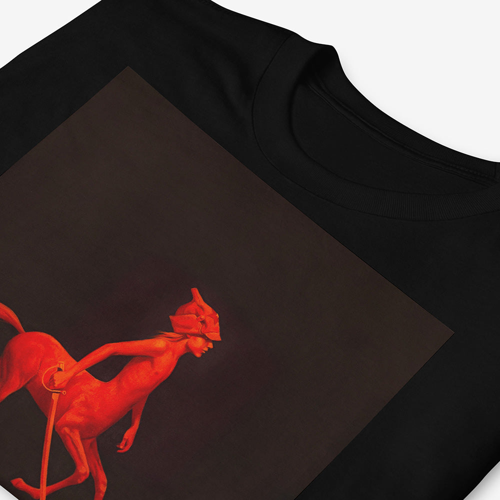 Unisex T-shirt featuring red-painted centaur boy with budenovka and sword on minimalist black background, surreal Soviet-style art