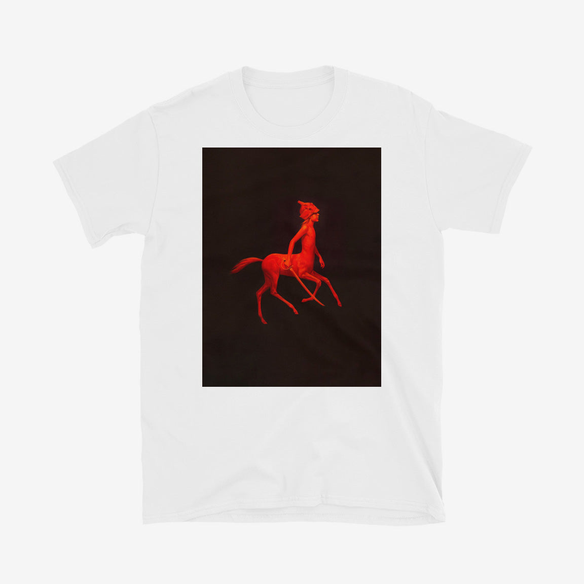 Unisex T-shirt featuring red-painted centaur boy with budenovka and sword on minimalist black background, surreal Soviet-style art