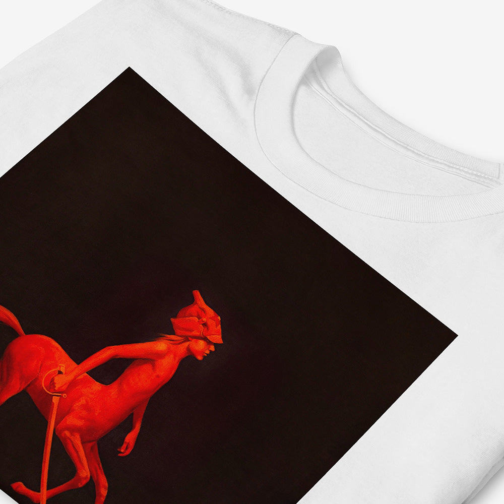 Unisex T-shirt featuring red-painted centaur boy with budenovka and sword on minimalist black background, surreal Soviet-style art