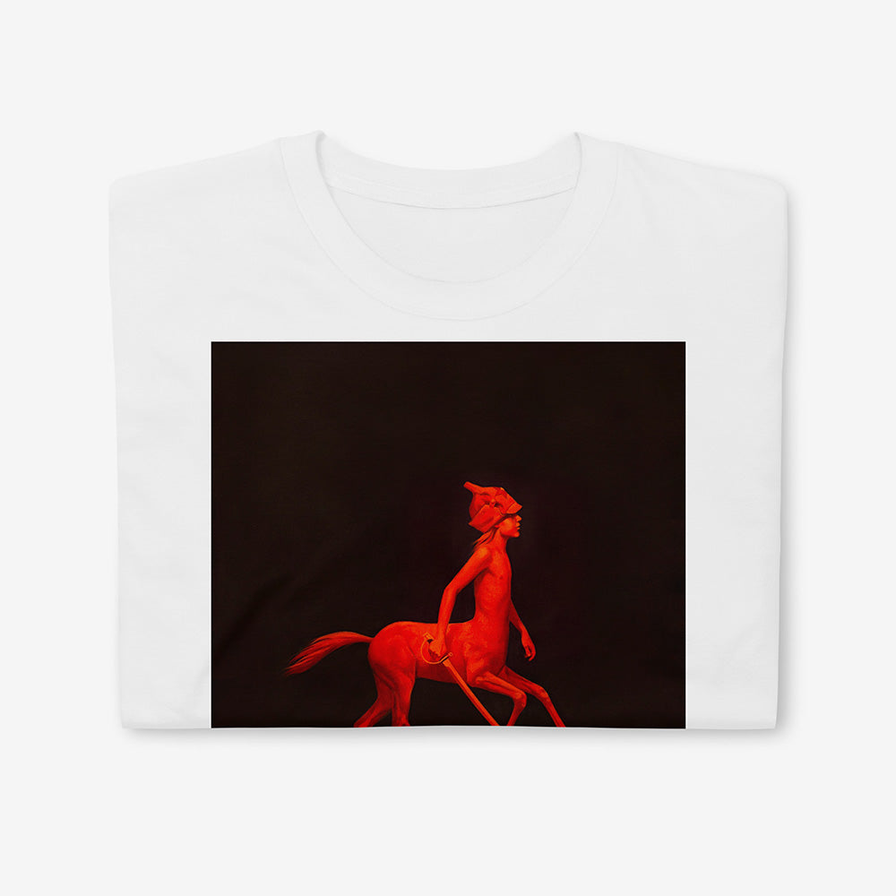 Unisex T-shirt featuring red-painted centaur boy with budenovka and sword on minimalist black background, surreal Soviet-style art