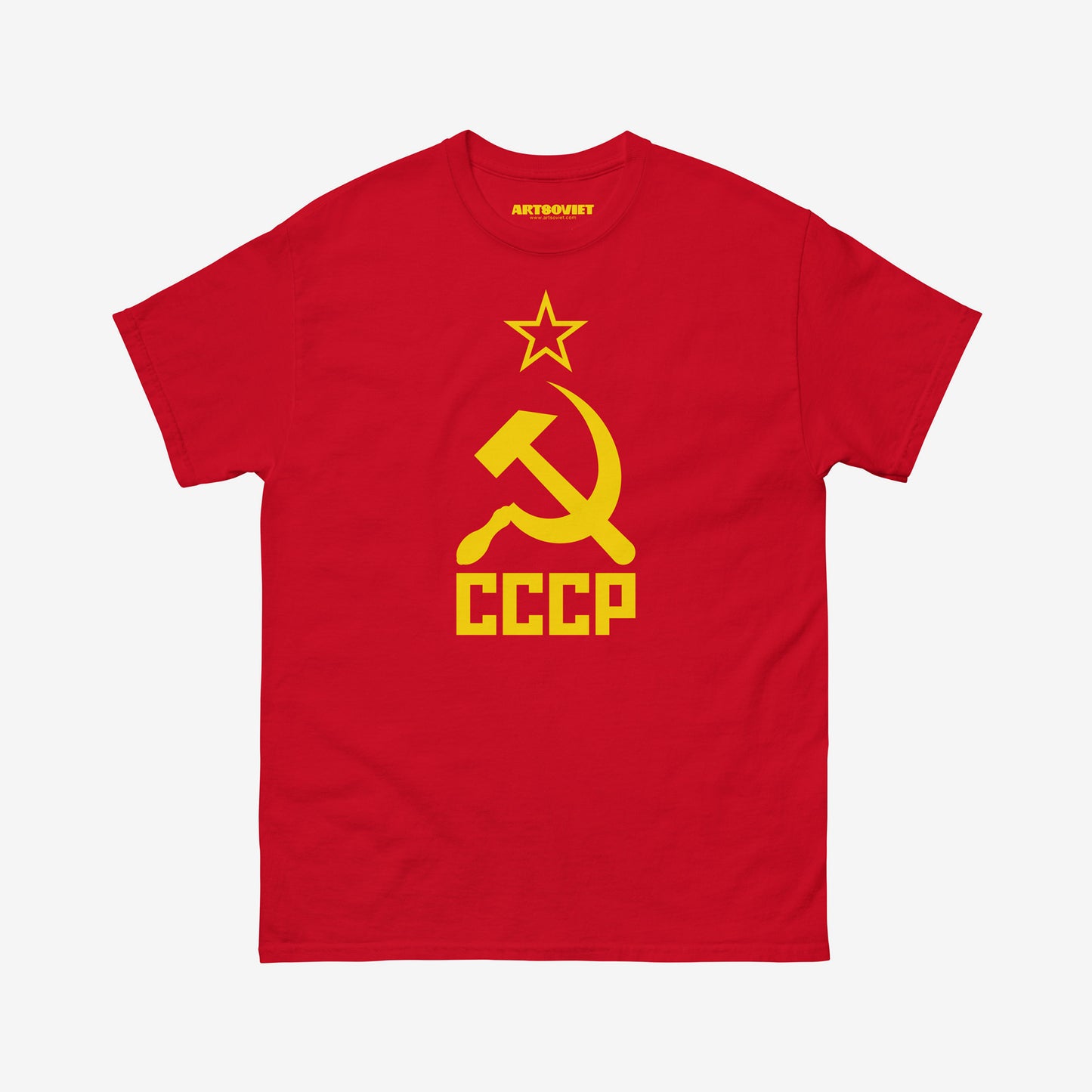 Red Soviet flag shirt with yellow hammer and sickle and CCCP text. Tee worn by JD Vance. www.artsoviet.com