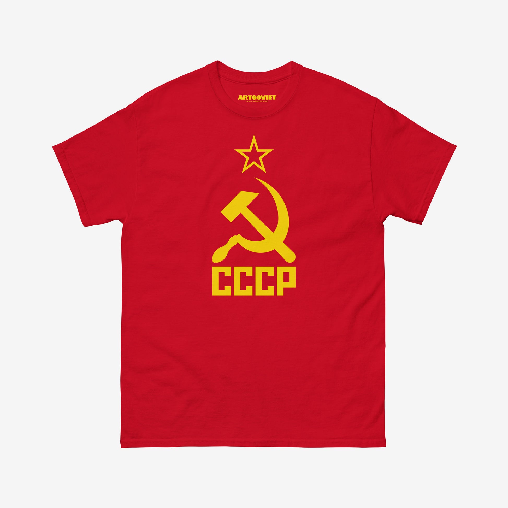 Red Soviet flag shirt with yellow hammer and sickle and CCCP text. Tee worn by JD Vance. www.artsoviet.com