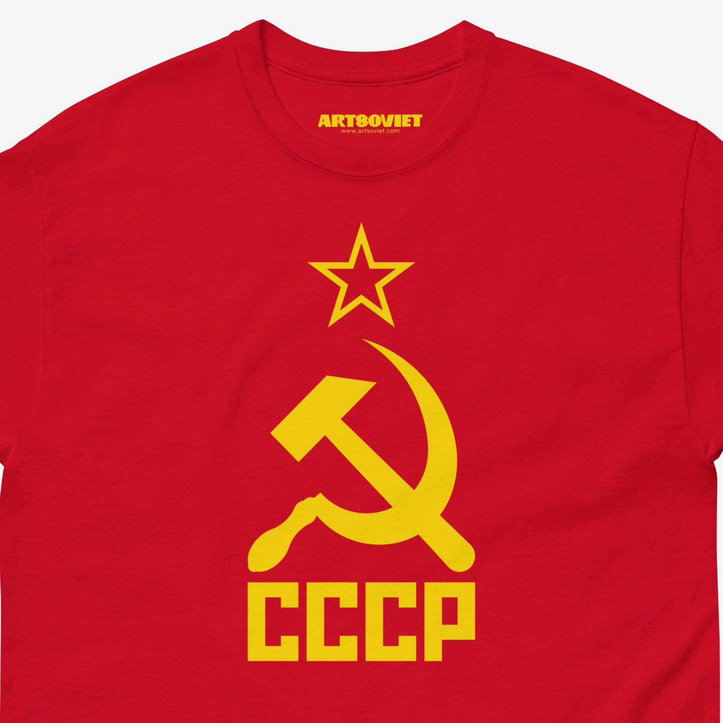 Red Soviet flag shirt with yellow hammer and sickle and CCCP text. Tee worn by JD Vance. Closeup photo. www.artsoviet.com