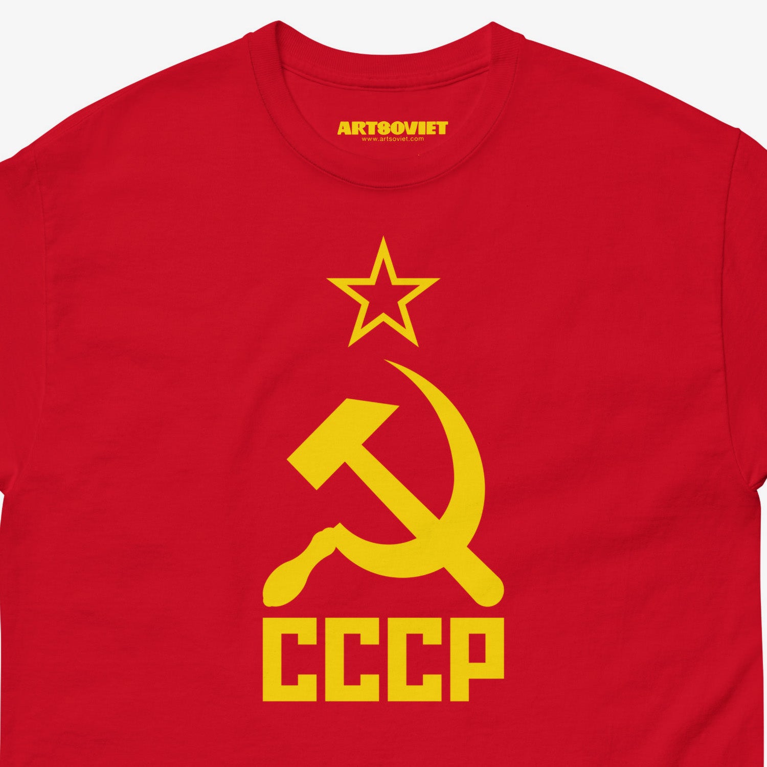 Red Soviet flag shirt with yellow hammer and sickle and CCCP text. Tee worn by JD Vance. Closeup photo. www.artsoviet.com