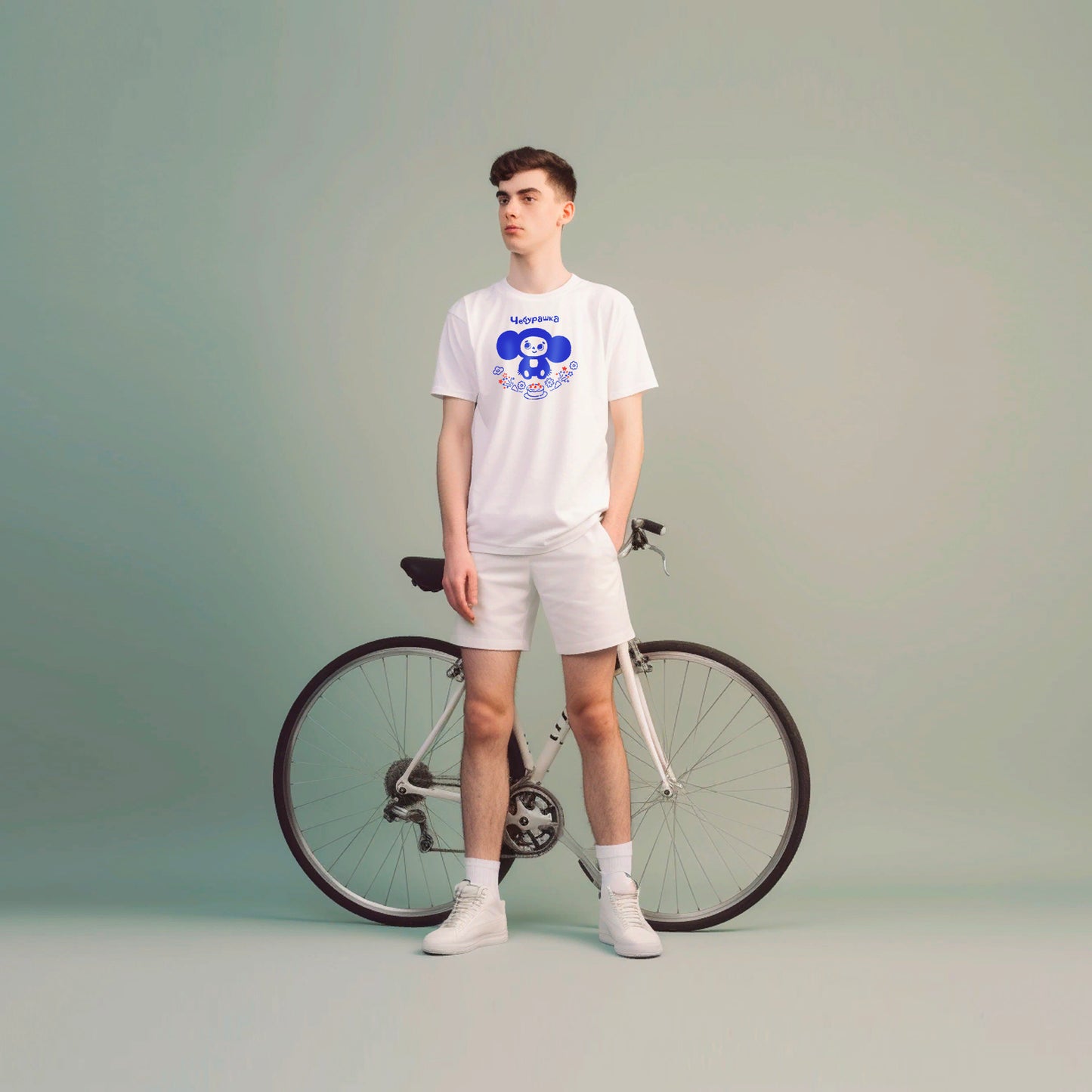 Young boy wearing iconic Cheburashka with birthday cake unisex white T-shirt