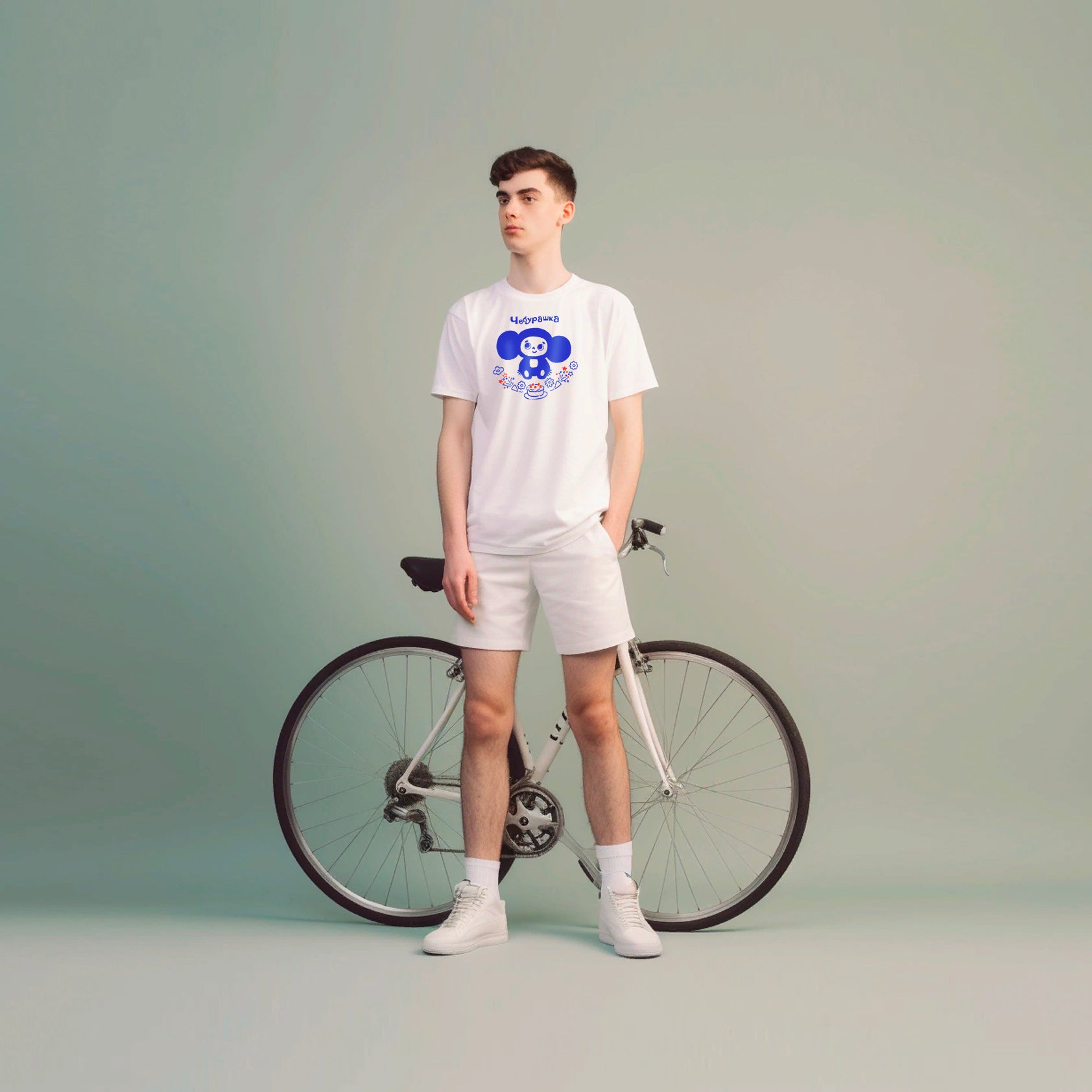 Young boy wearing iconic Cheburashka with birthday cake unisex white T-shirt