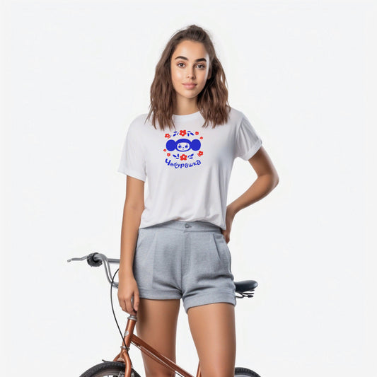 Cute young girl wearing Cheburashka with flowers unisex white Tee