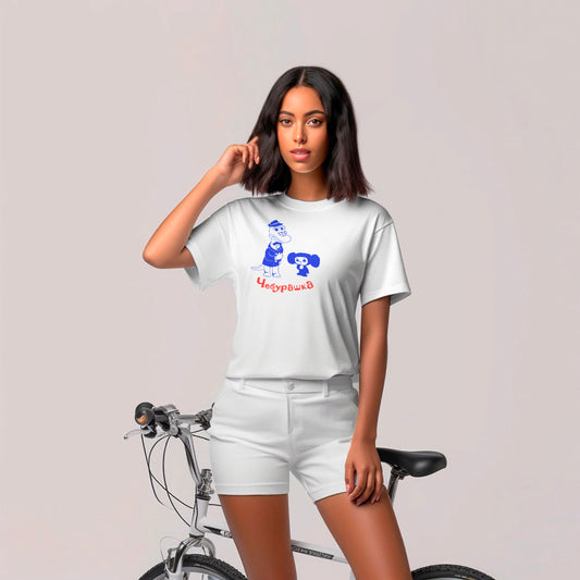 Young girl wearing Cheburashka and Gena unisex white t-shirt