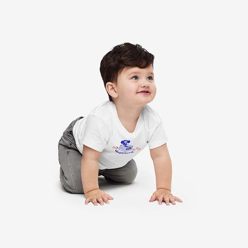 Baby T-shirt with Cheburashka sitting with oranges, referencing the original story of his arrival in a crate of oranges.