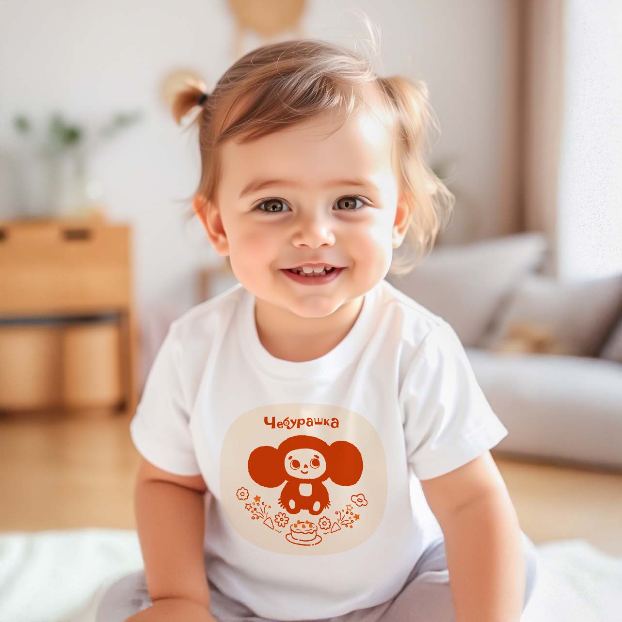 Cute baby girl wearing Soviet Cheburashka T-Shirt.