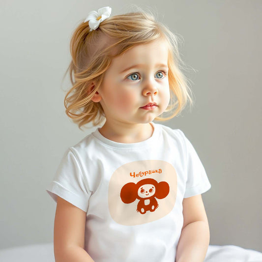 Cute baby girl wearing Cheburashka baby T-shirt featuring the classic Soviet cartoon character with a cute, smiling expression, inspired by vintage USSR animation.