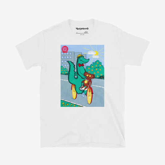 Cheburashka and Gena on bicycle Soviet cartoon T-shirt, 1970s animation art print on cotton unisex tee
