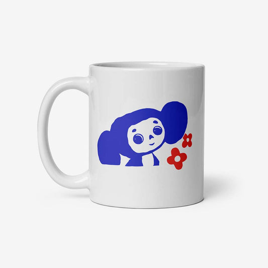Cheburashka ceramic mug featuring the beloved Soviet cartoon character with a floral design, inspired by vintage USSR animation.