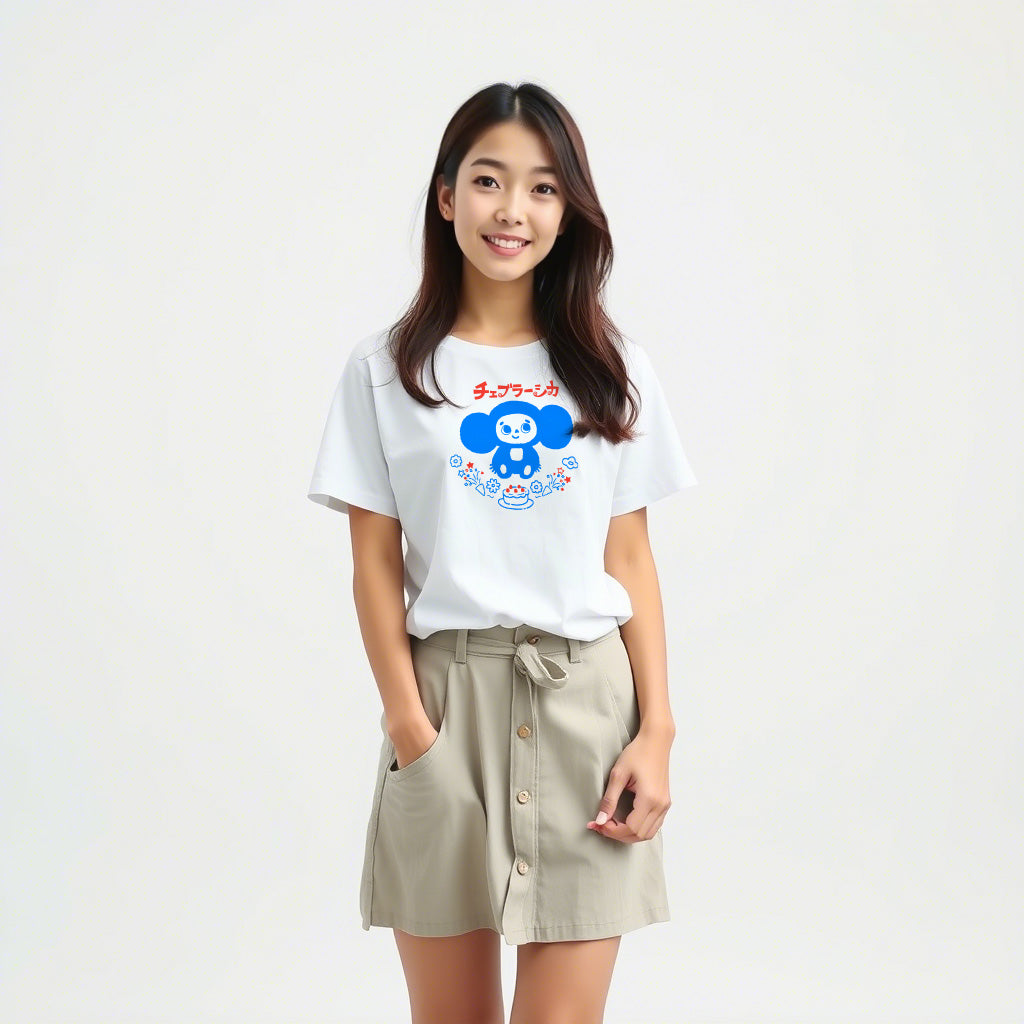 Cheburashka T-shirt with birthday cake, Japanese チェブラーシカ, Soviet anime nostalgia