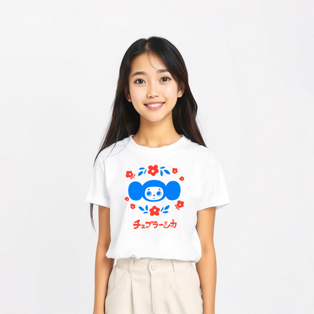 Cute japanese girl wearing youth T-shirt with Soviet cartoon character Cheburashka holding a bouquet of flowers, with チェブラーシカ text in Japanese, on a white background