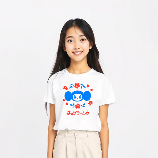 Cute japanese girl wearing youth T-shirt with Soviet cartoon character Cheburashka holding a bouquet of flowers, with チェブラーシカ text in Japanese, on a white background