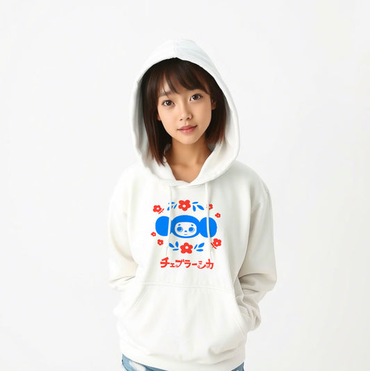 Cute japanese girl wearing unisex hoodie with Cheburashka holding a bouquet of flowers and Japanese チェブラーシカ logo in Soviet vintage cartoon style