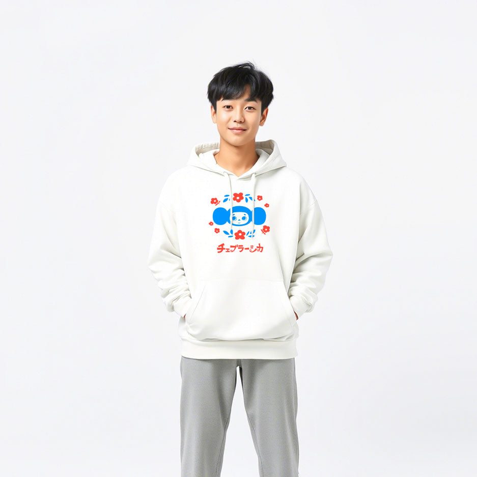 Cute japanese boy wearing unisex hoodie with Cheburashka holding a bouquet of flowers and Japanese チェブラーシカ logo in Soviet vintage cartoon style