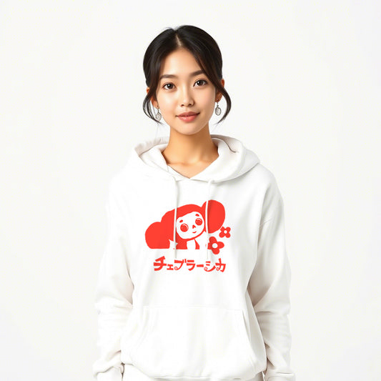 Cute japanese girl wearing unisex hoodie featuring Soviet cartoon character Cheburashka with flowers and チェブラーシカ text in Japanese.