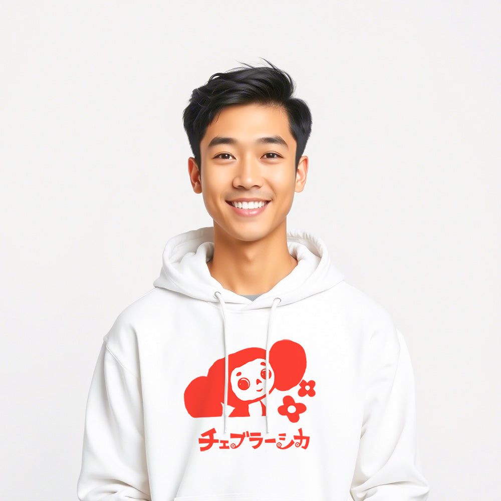 Cute japanese boy wearing unisex hoodie featuring Soviet cartoon character Cheburashka with flowers and チェブラーシカ text in Japanese.