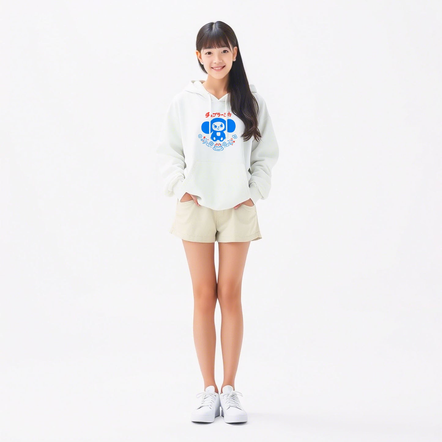 Cute japanese girl wearing unisex hoodie with Cheburashka holding a birthday cake and Japanese チェブラーシカ logo, nostalgic Soviet design