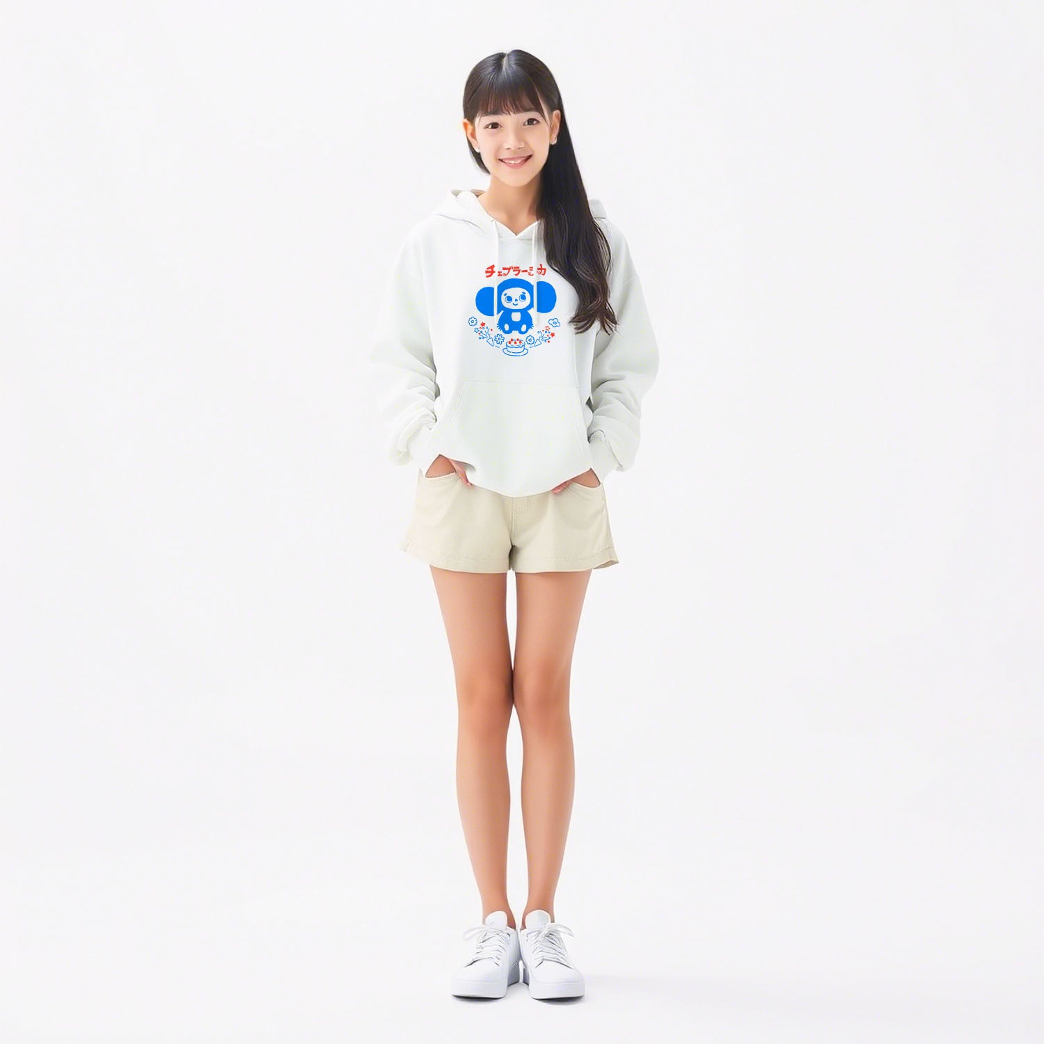 Cute japanese girl wearing unisex hoodie with Cheburashka holding a birthday cake and Japanese チェブラーシカ logo, nostalgic Soviet design