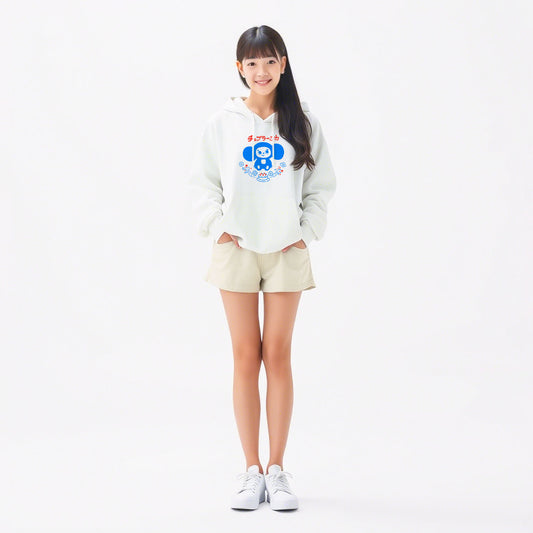 Cute japanese girl wearing unisex hoodie with Cheburashka holding a birthday cake and Japanese チェブラーシカ logo, nostalgic Soviet design