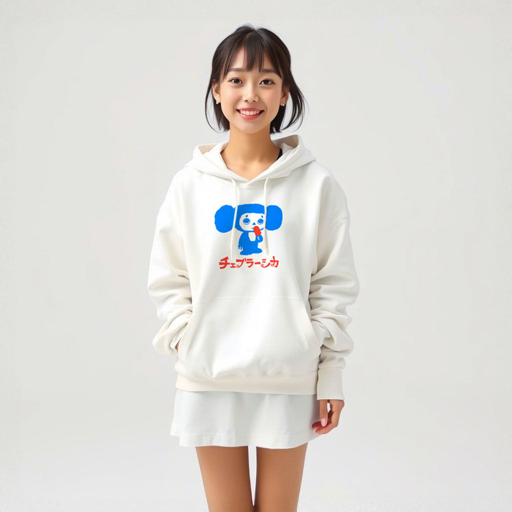 Cute japanese girl wearing unisex hoodie for men and women featuring Cheburashka with Eskimo ice cream and Japanese チェブラーシカ logo